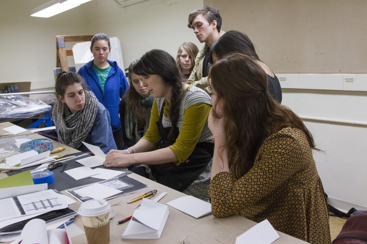 Students in studio learning book making